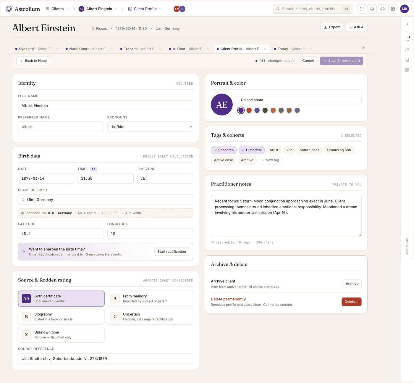 Client profile with session history