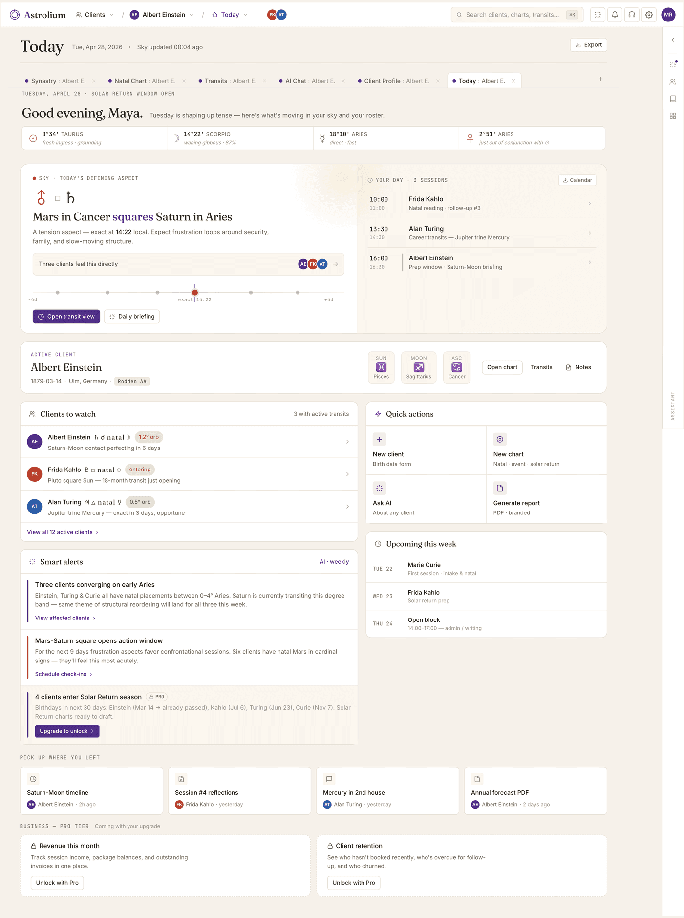 Astrolium Today screen — the morning brief across your client roster